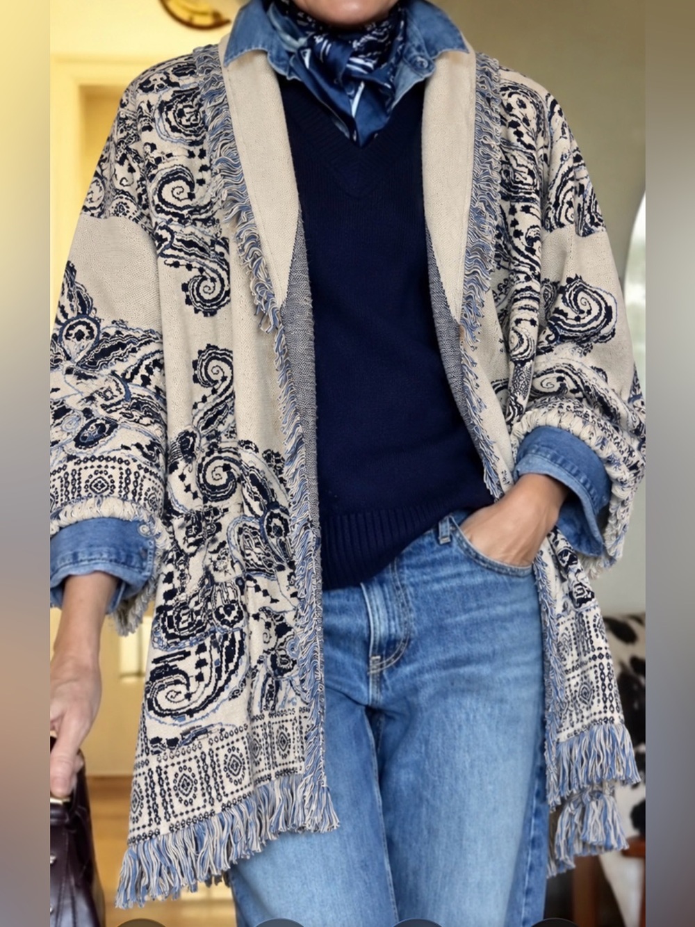 Chico's Cream & Blue Paisley Fringe Open-Front Cardigan